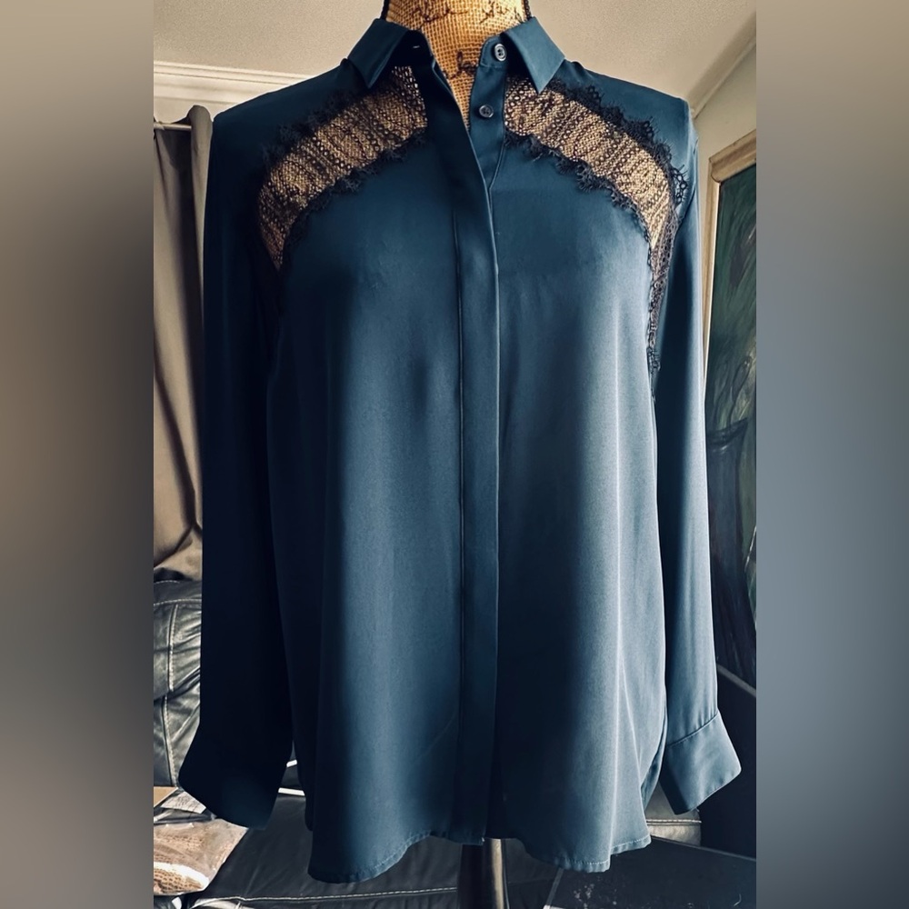 Lovely Gerard Darel Corn Flower Blue w/ Sheer Lace Collar Bone Reveal Blouse